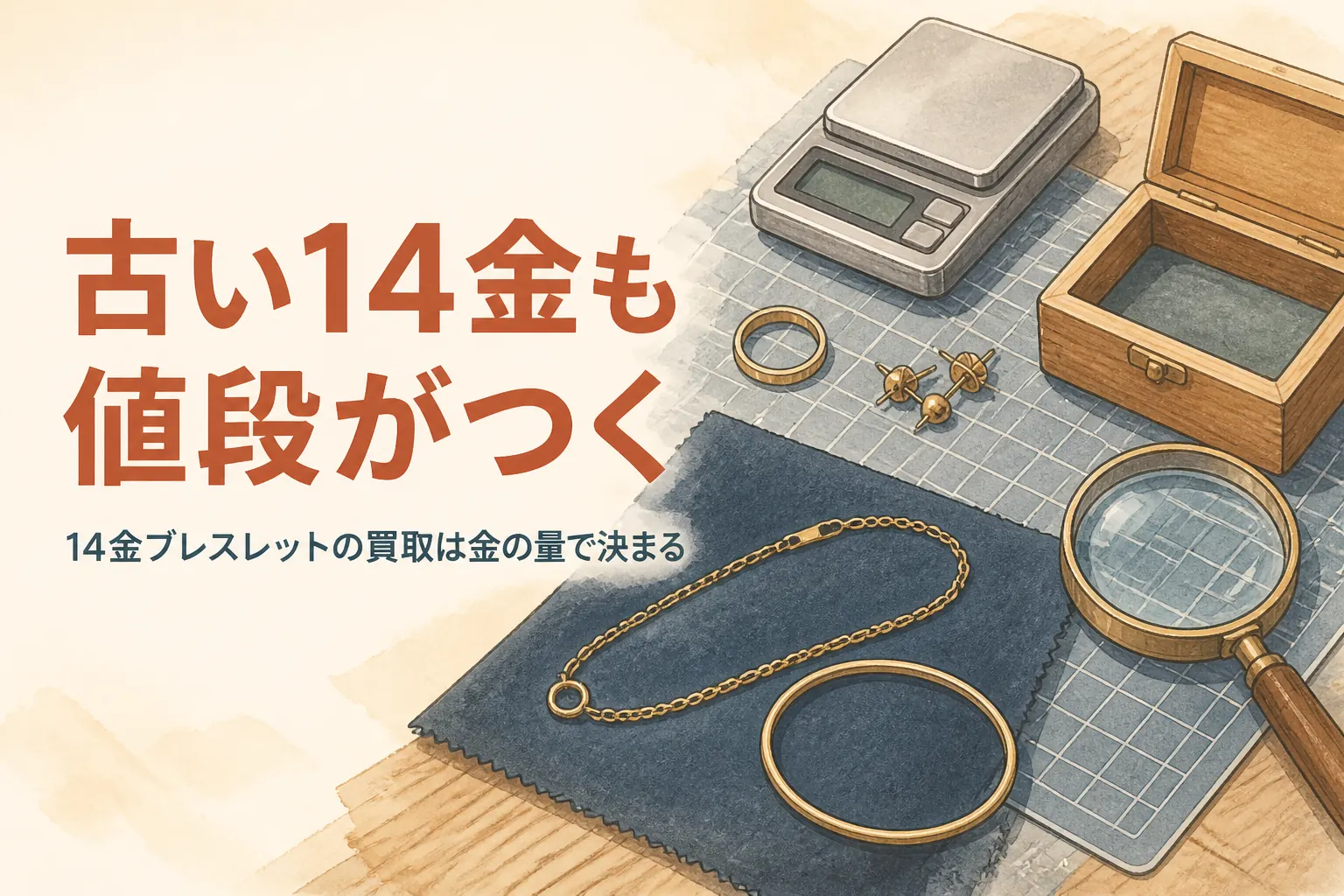 14金のブレスレットとバングル、はかりのイメージ