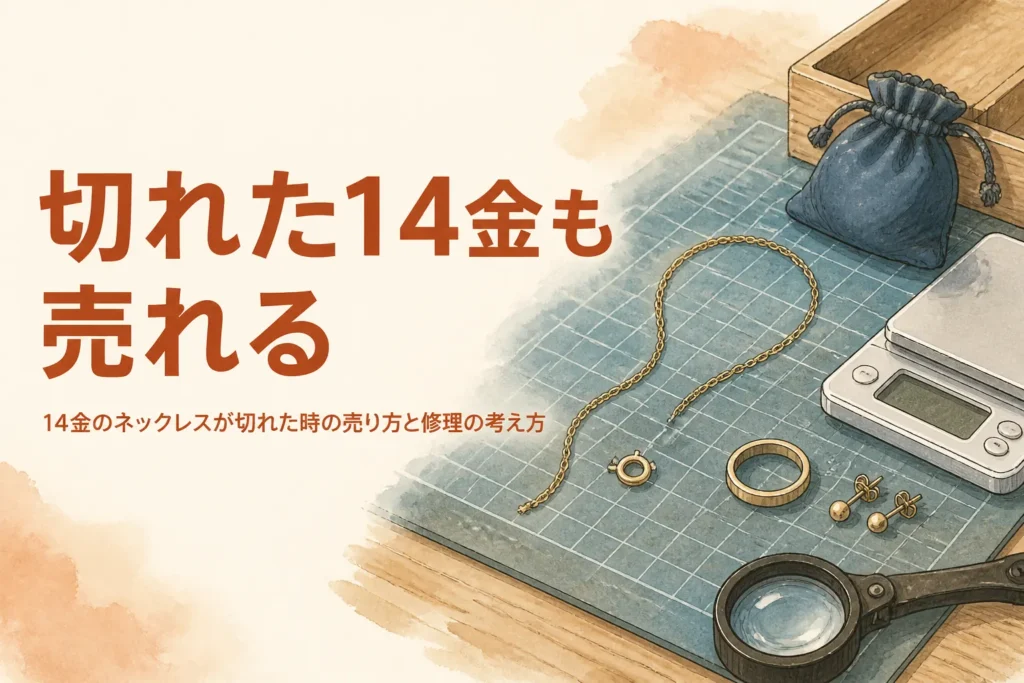 切れた14金のチェーンと部品をまとめた袋のイメージ