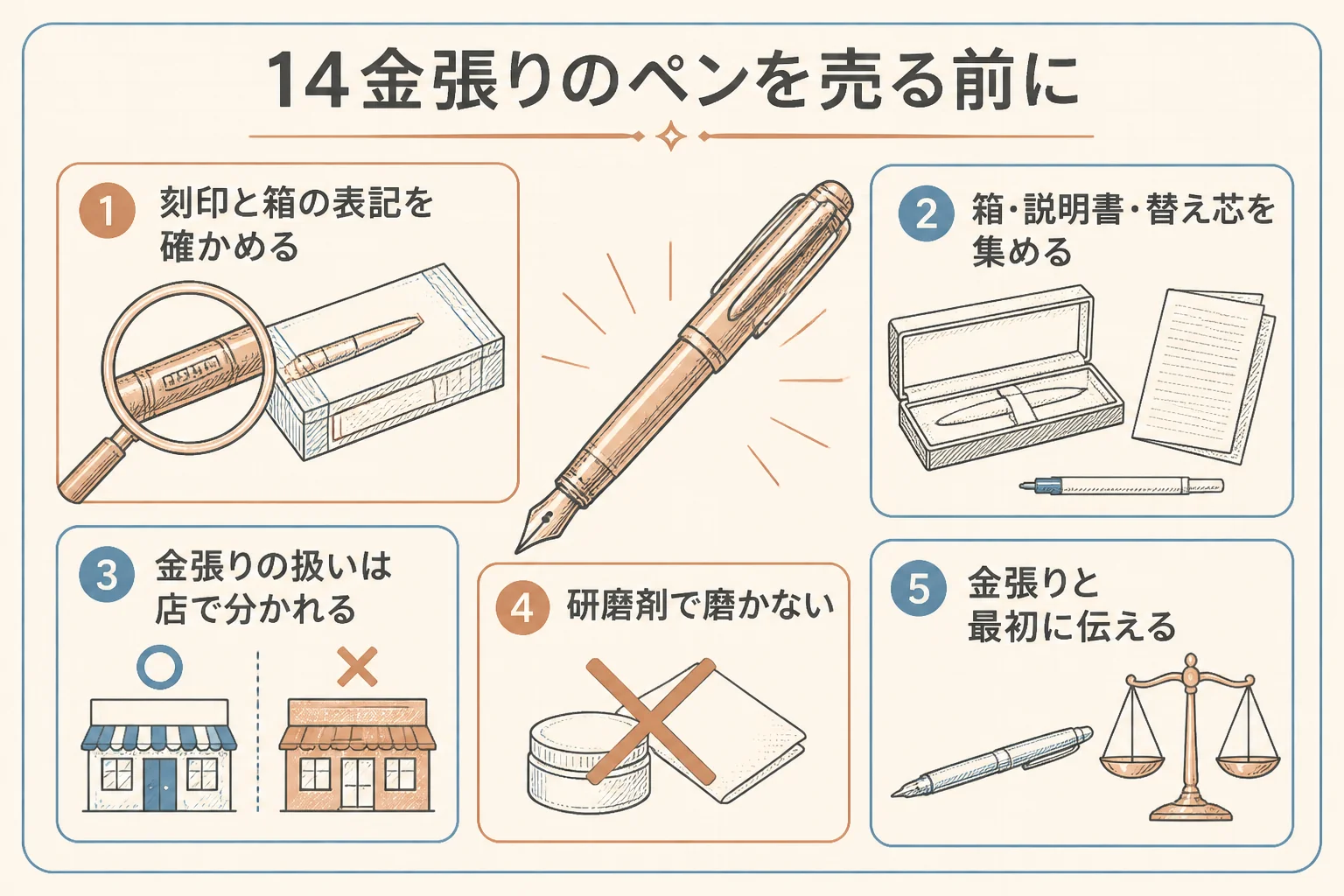 14金張りのボールペンを売る前の準備の図解