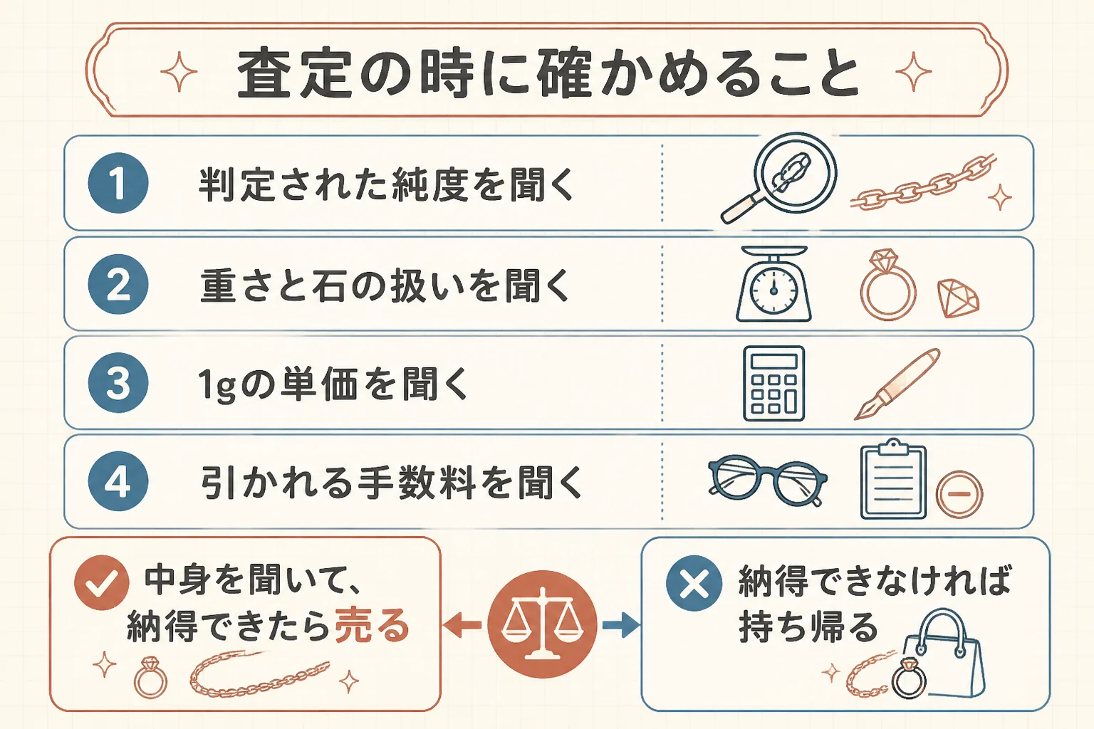査定の時に確かめたい項目と流れを示した図解