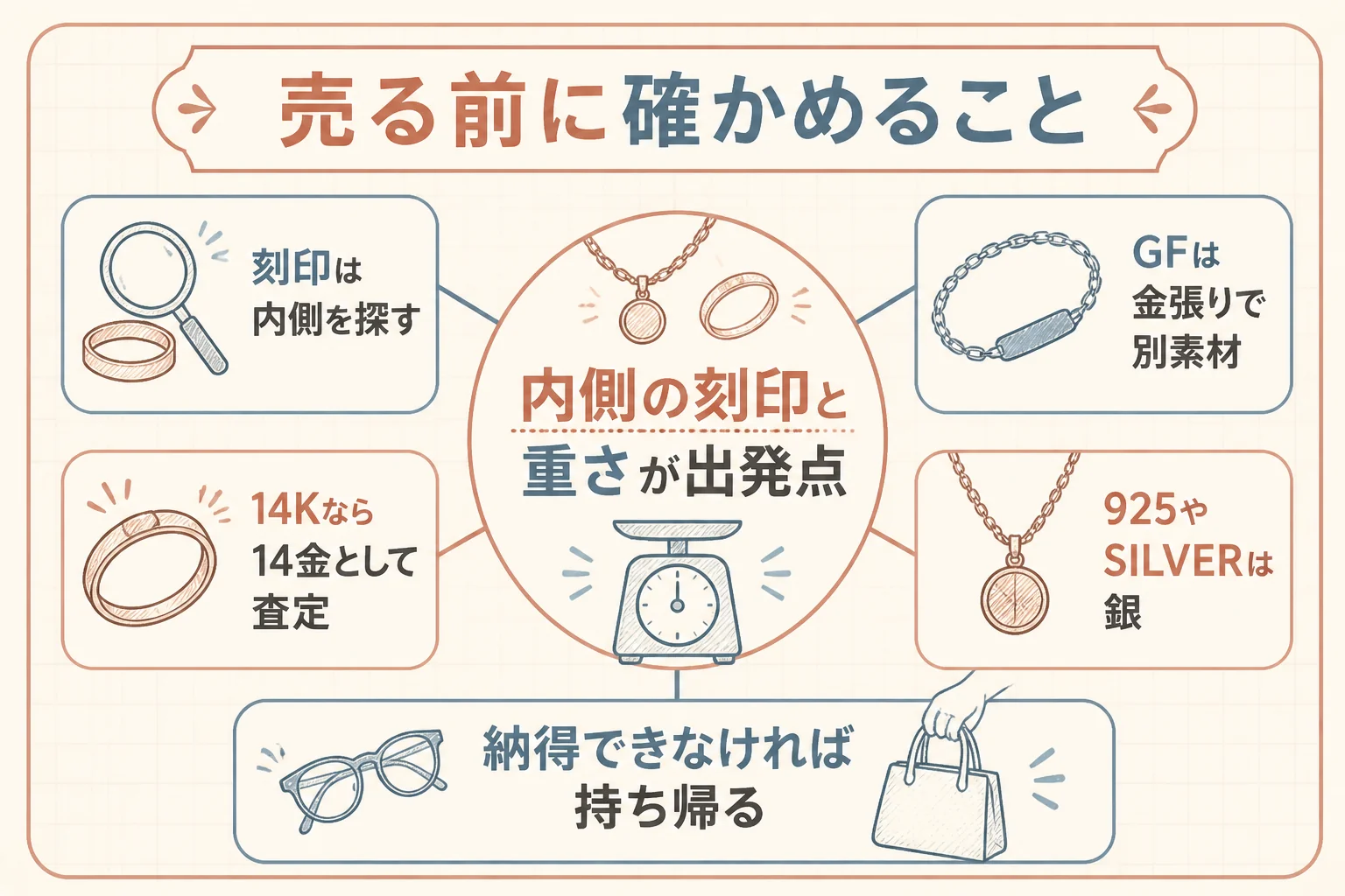 ハワイアンジュエリーを売る前の確認を示した図解