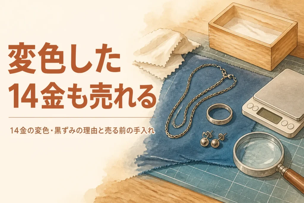 変色した14金のアクセサリーと手入れ用の布のイメージ