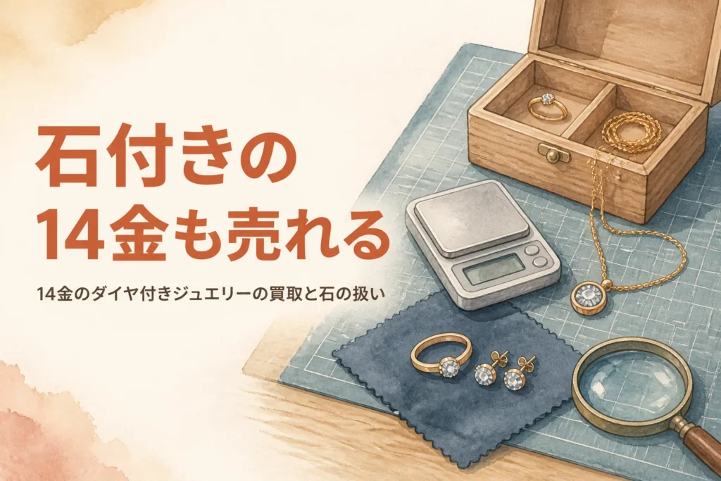 石のついた14金の指輪とペンダント、はかりのイメージ
