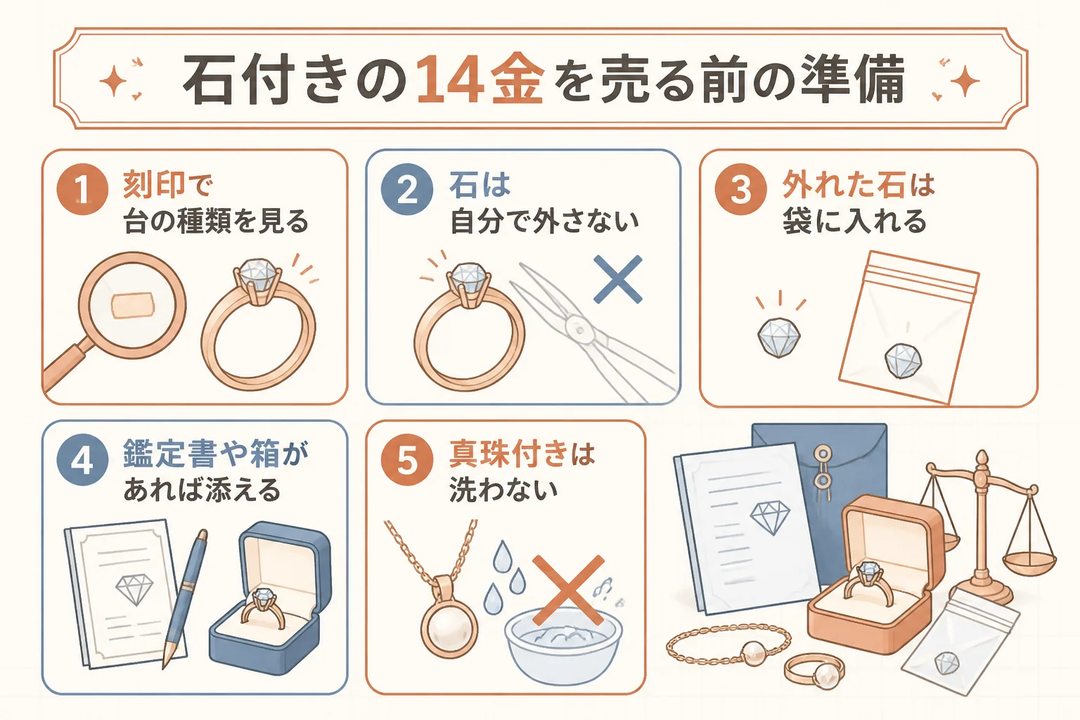 石付きの14金を売る前の準備を示した図解