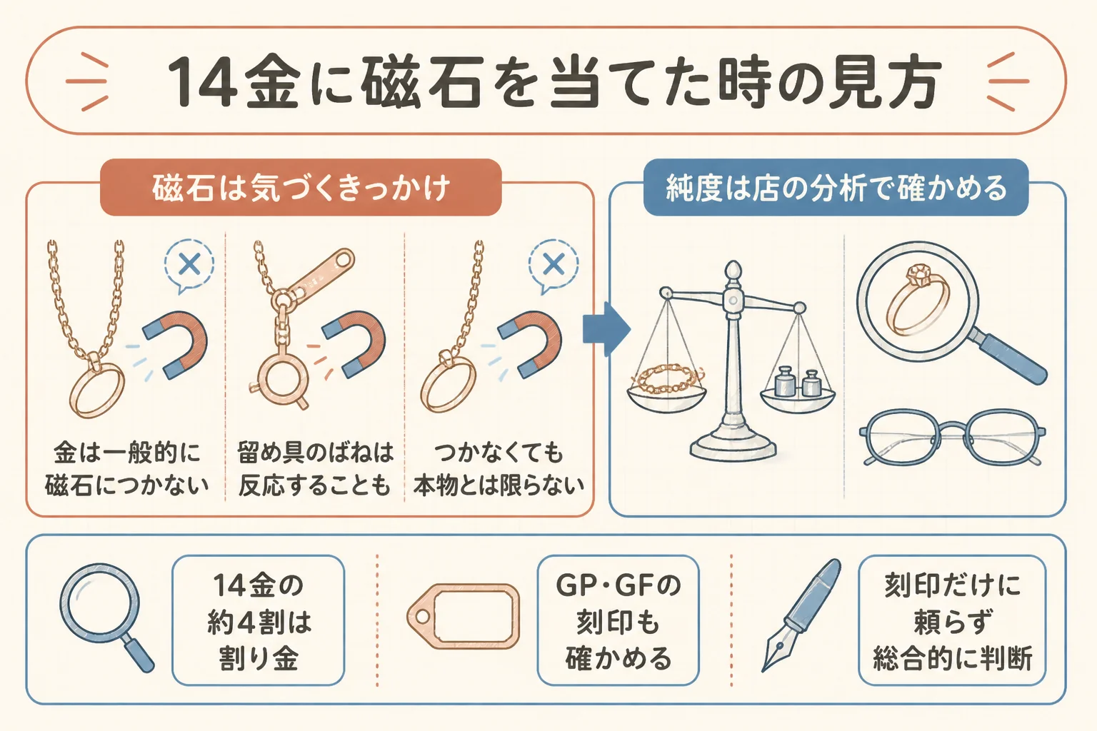 14金に磁石を当てた時の見方を示した図解
