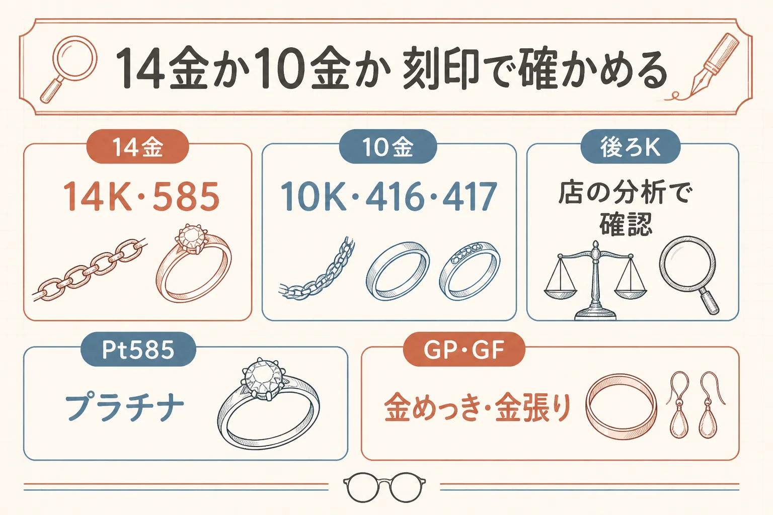 14金と10金を刻印で見分ける手順の図解