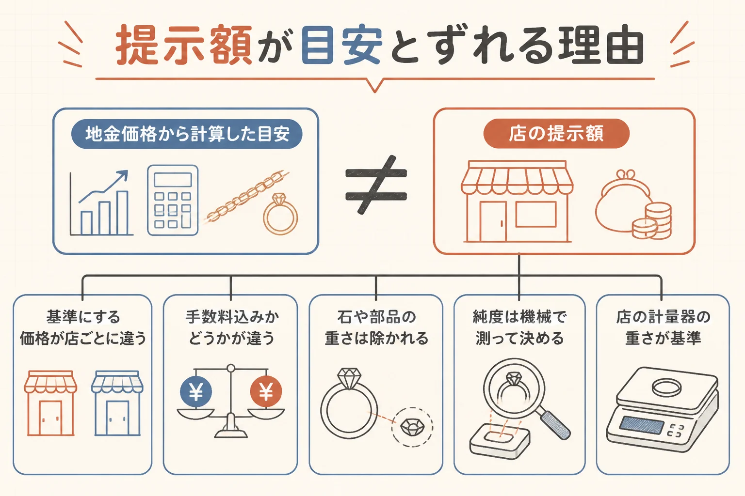 14金の提示額が目安とずれる理由をまとめた図解