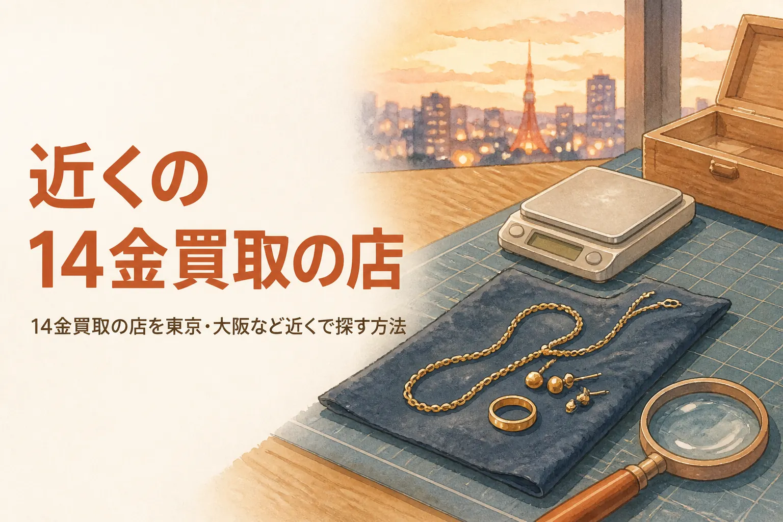 14金のアクセサリーと近くの買取店を探すイメージ