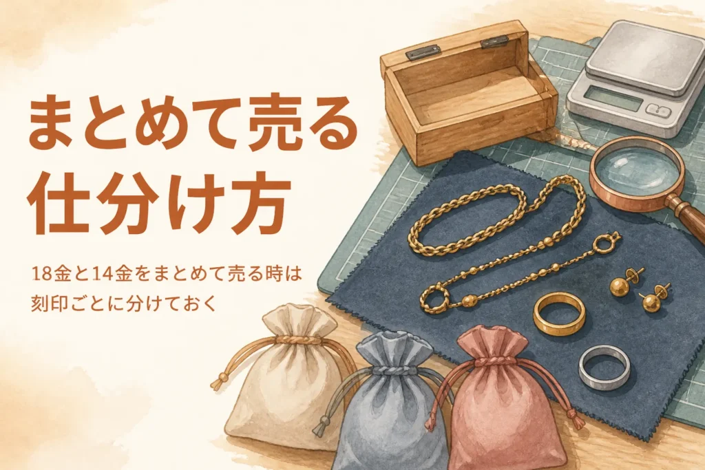 18金と14金とプラチナのアクセサリーを仕分けるイメージ
