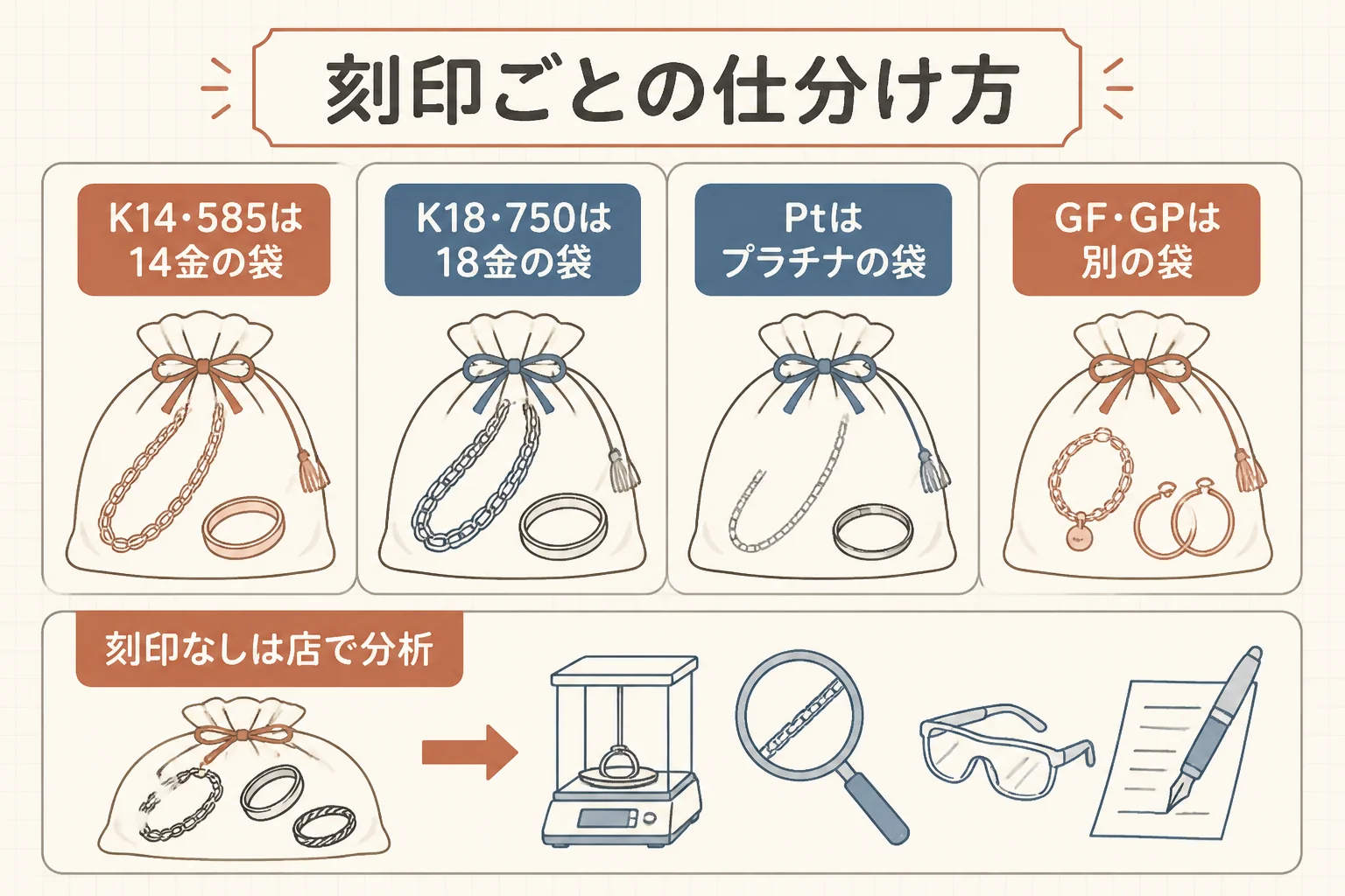 混ざったアクセサリーを刻印ごとに仕分ける手順を示した図解