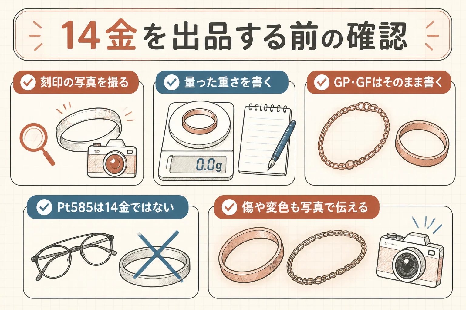 14金をフリマに出品する前の確認を示した図解