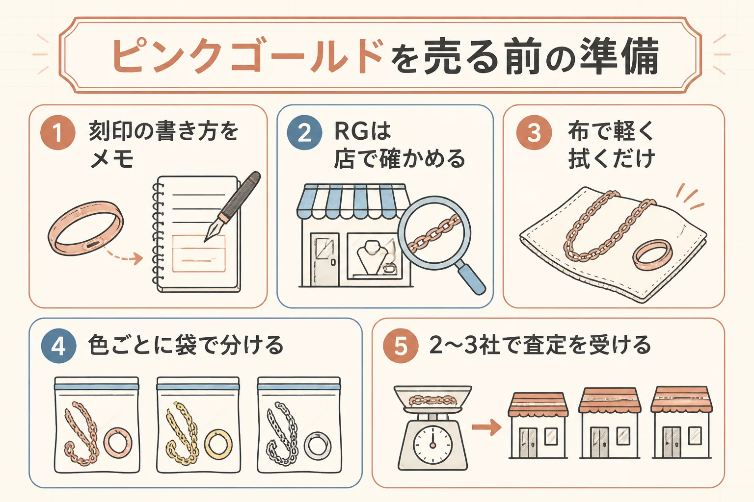 ピンクゴールドの14金を売る前の準備を示した図解