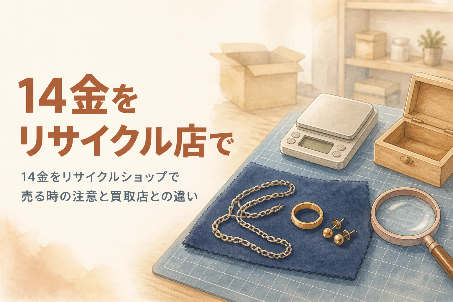 14金をリサイクルショップで売る時の注意を説明するアイキャッチ