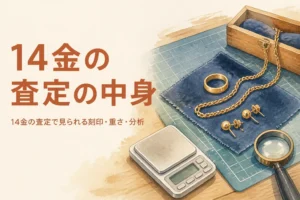 14金のアクセサリーをルーペとはかりで確かめるイメージ