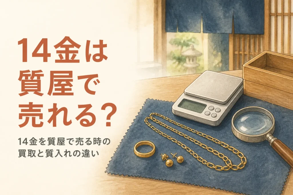 14金を質屋で売る時の買取と質入れの違いを説明するアイキャッチ