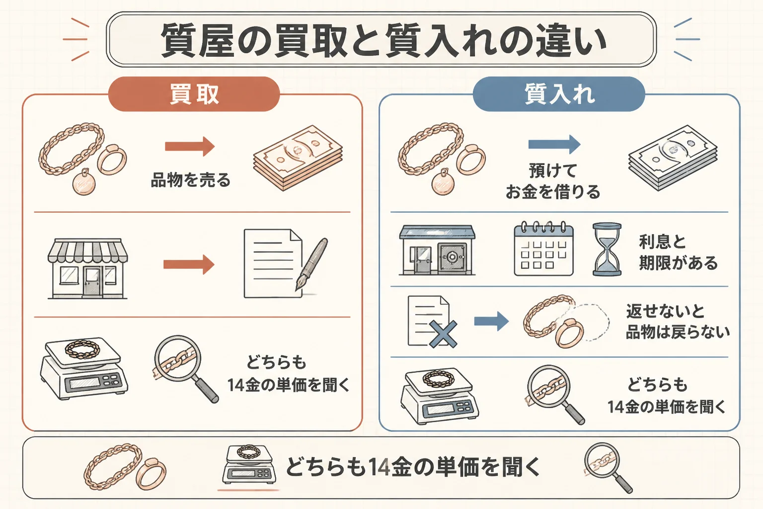 14金を質屋に持って行く時の買取と質入れの選び方を示した図解