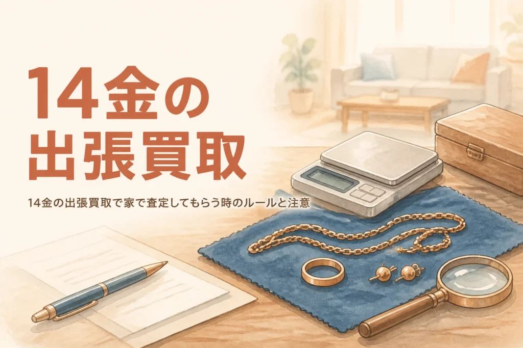 14金の出張買取で家で査定してもらう時の注意を説明するアイキャッチ