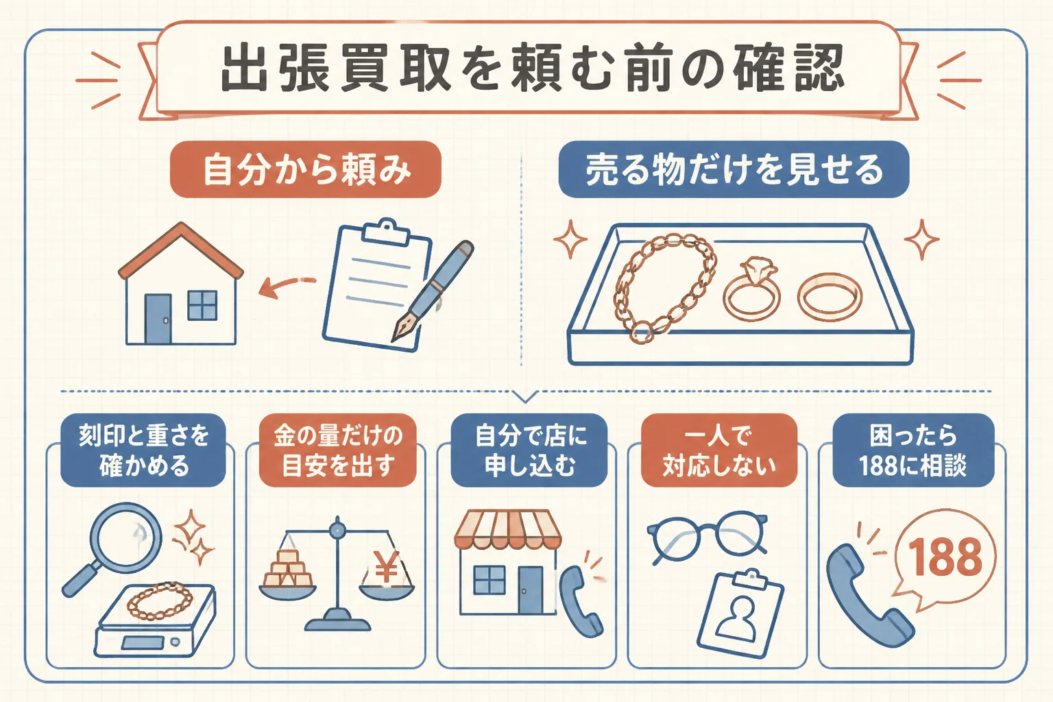 14金の出張買取を頼む前の確認を示した図解