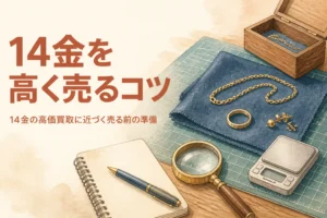 14金のアクセサリーとはかりで売る前の準備をするイメージ