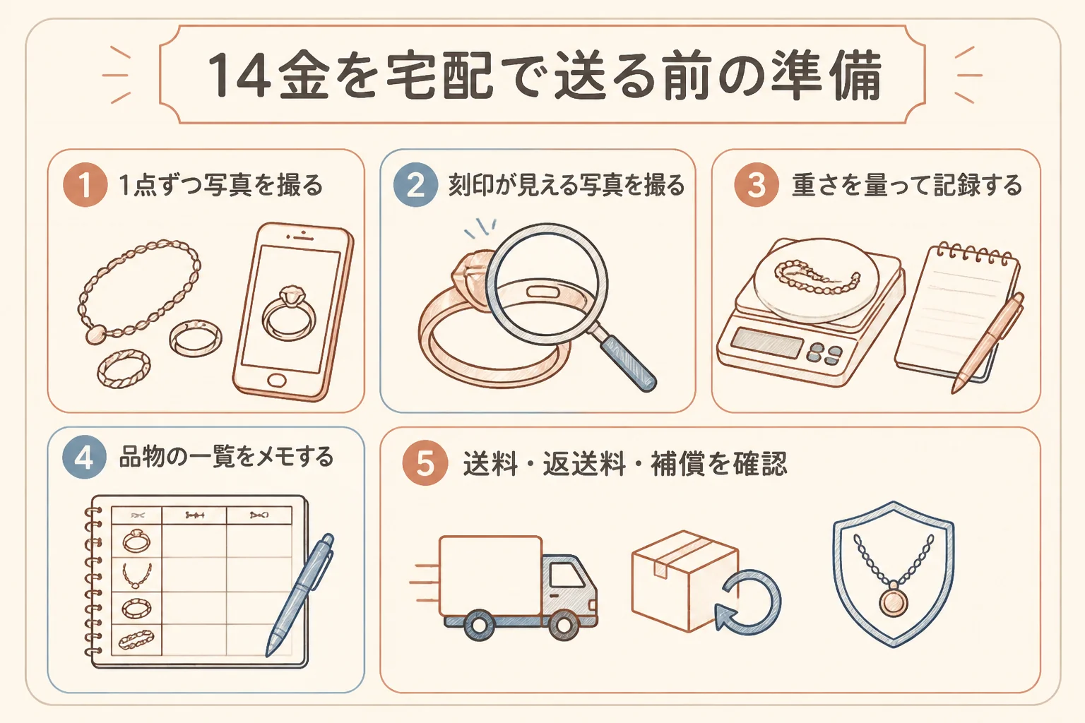 14金を宅配買取で送る前の準備を示した図解