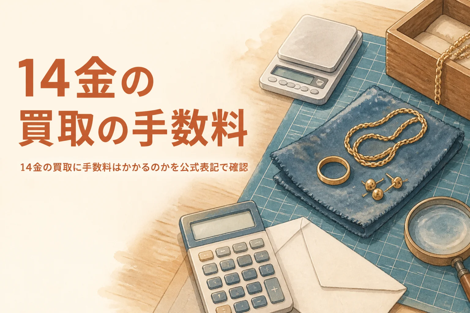 14金のアクセサリーと電卓で手数料を確かめるイメージ