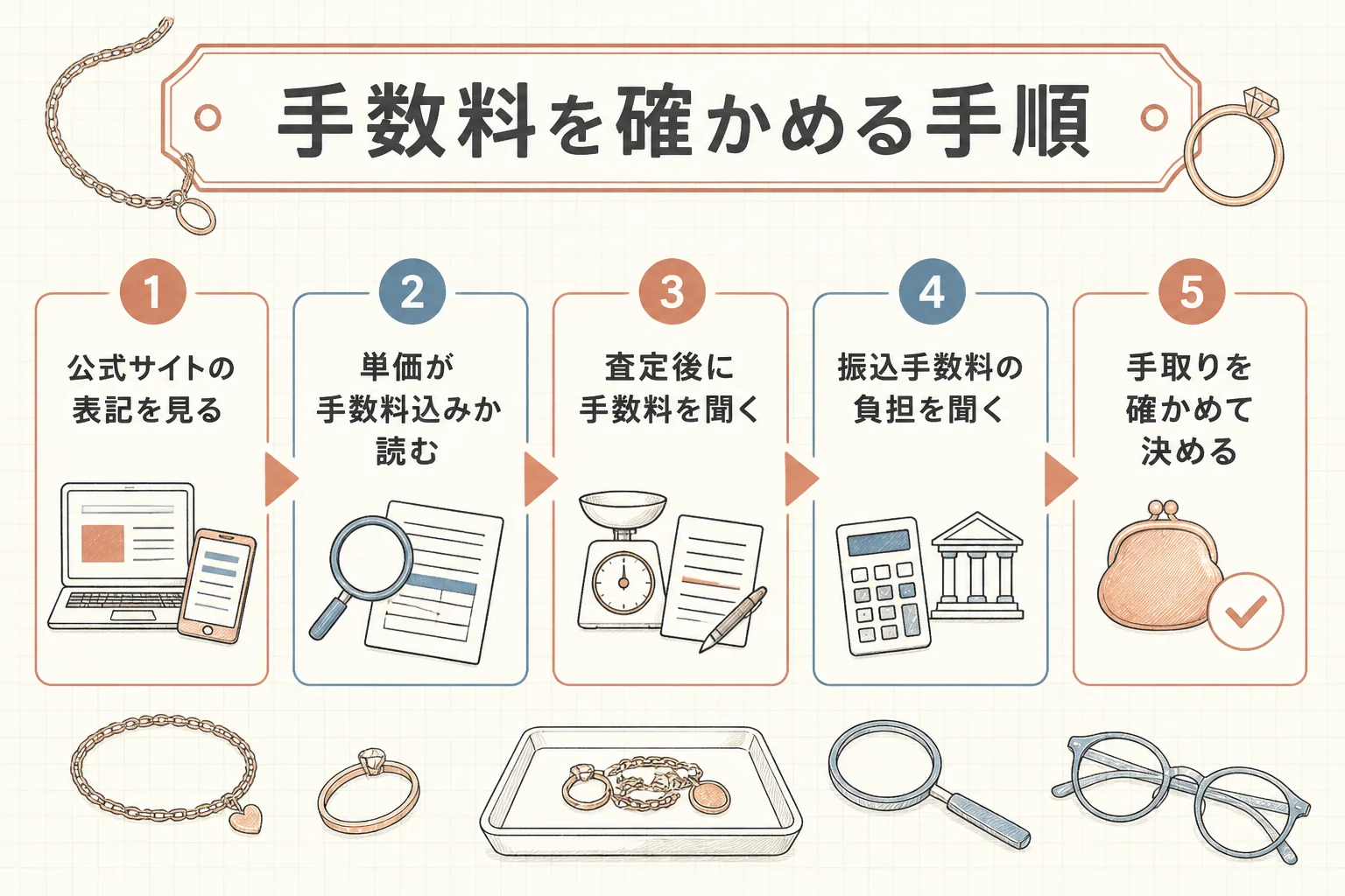 14金を売る前に手数料を確かめる手順を示した図解