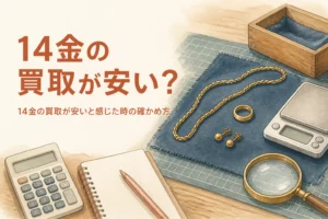 14金のアクセサリーと電卓で提示額を確かめるイメージ